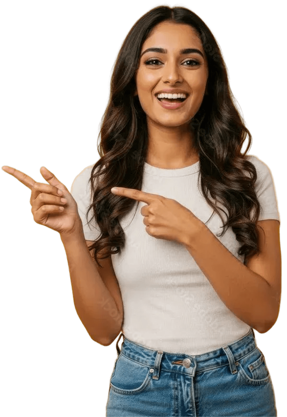 image of Woman smiling and pointing sideways